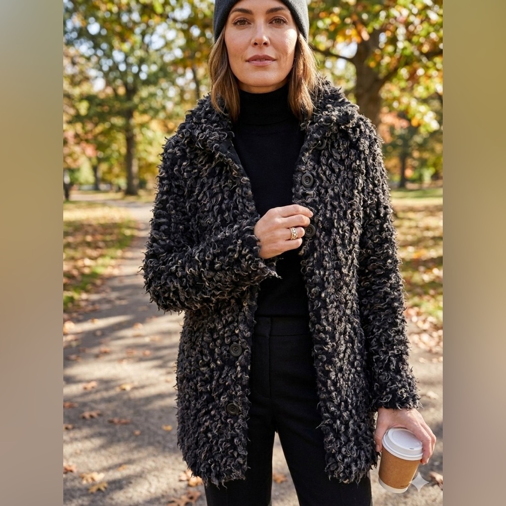 Cozy Curly Faux Fur  Coat - Black multi - Picture 3 of 10